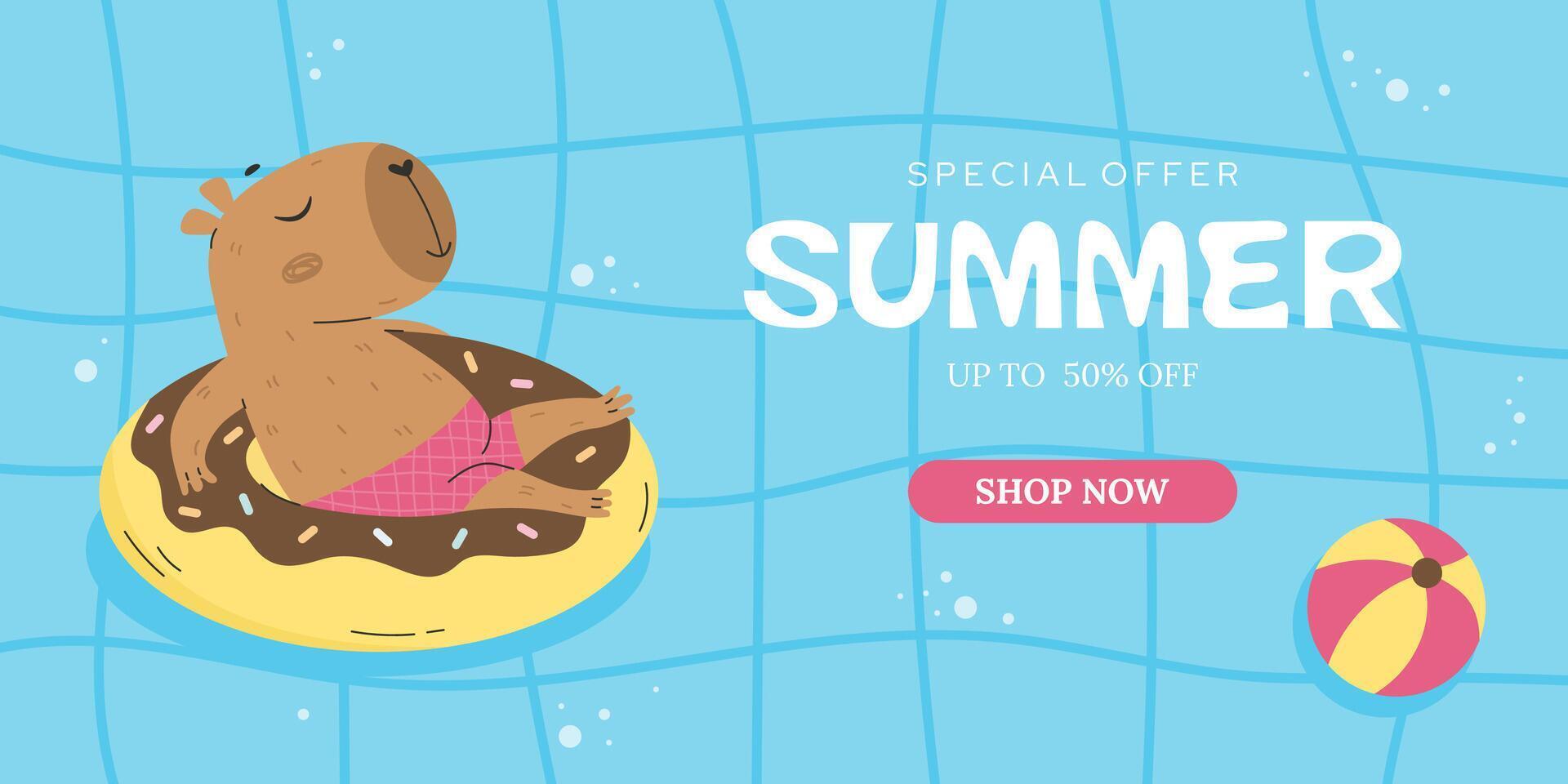 Blue swimming pool with capybara sunbathing banner vector