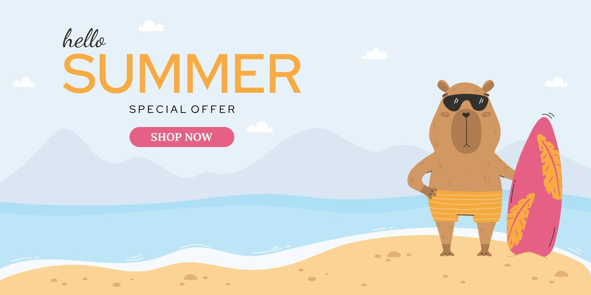 Summer sale horizontal banner with capybara vector