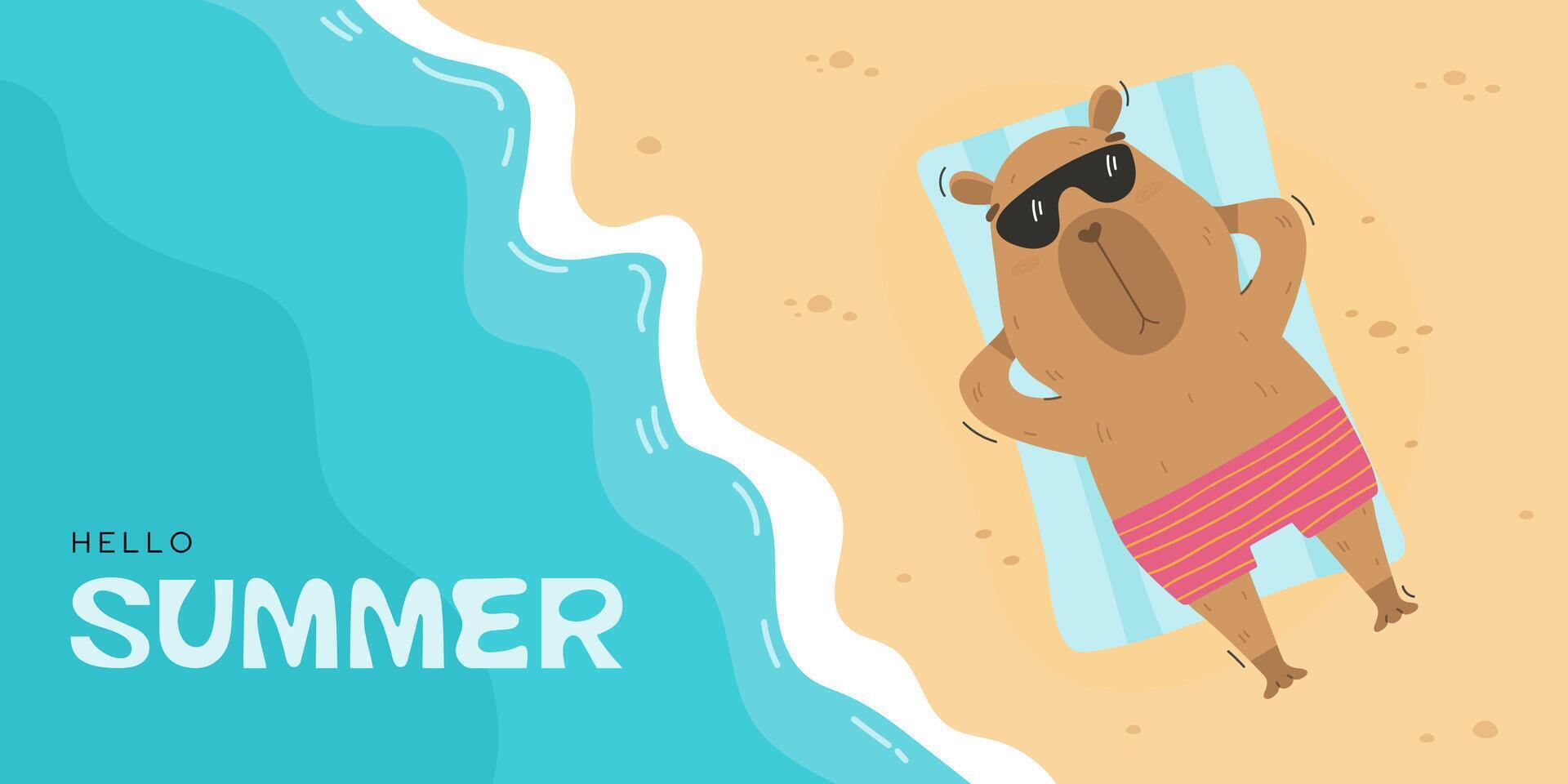Hello summer promotion banner with funny capybara vector