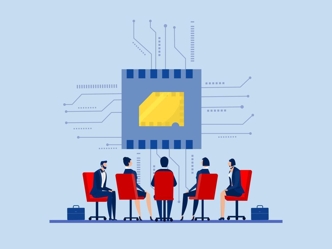 Semiconductor and computer chip supply chain, business people meeting project computer chip with creative for solution shortage electronics manufacturing problem concept vector