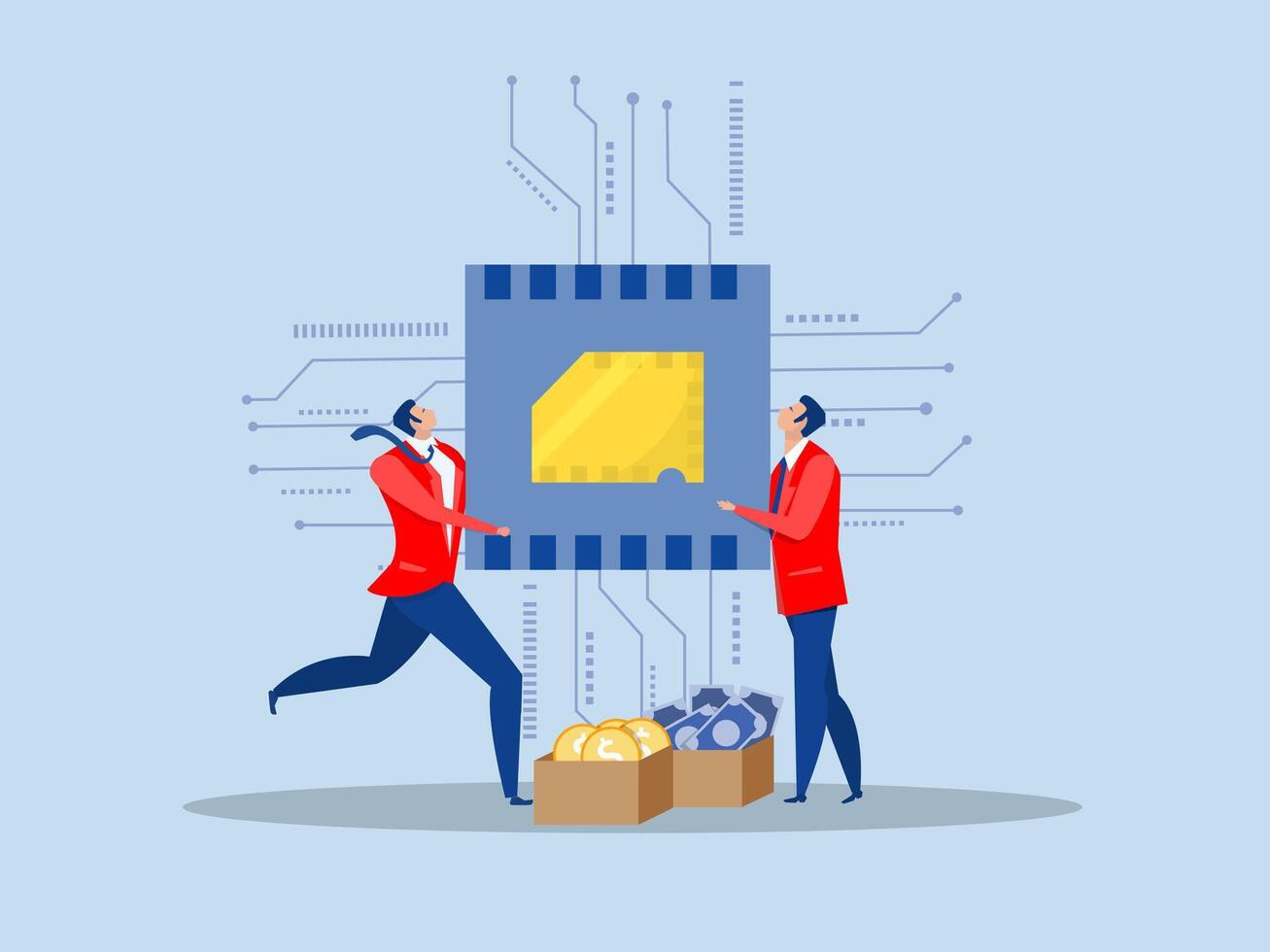 Semiconductor and computer chip supply chain, Two businessman fight over computer chip with creative for solution shortage electronics manufacturing problem concept vector