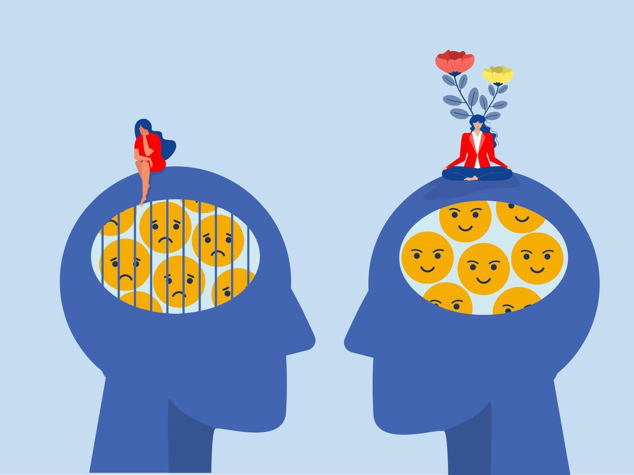 Intellection concept ,Difference positive and negative Business woman meditating on head with the mood scale with sit Sad Stress on head emotion happy and sad faces. vector