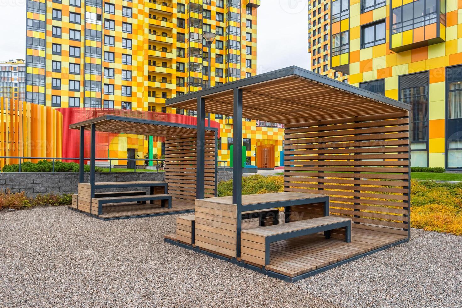 Gazebo for lunch in the courtyard of a residential complex photo