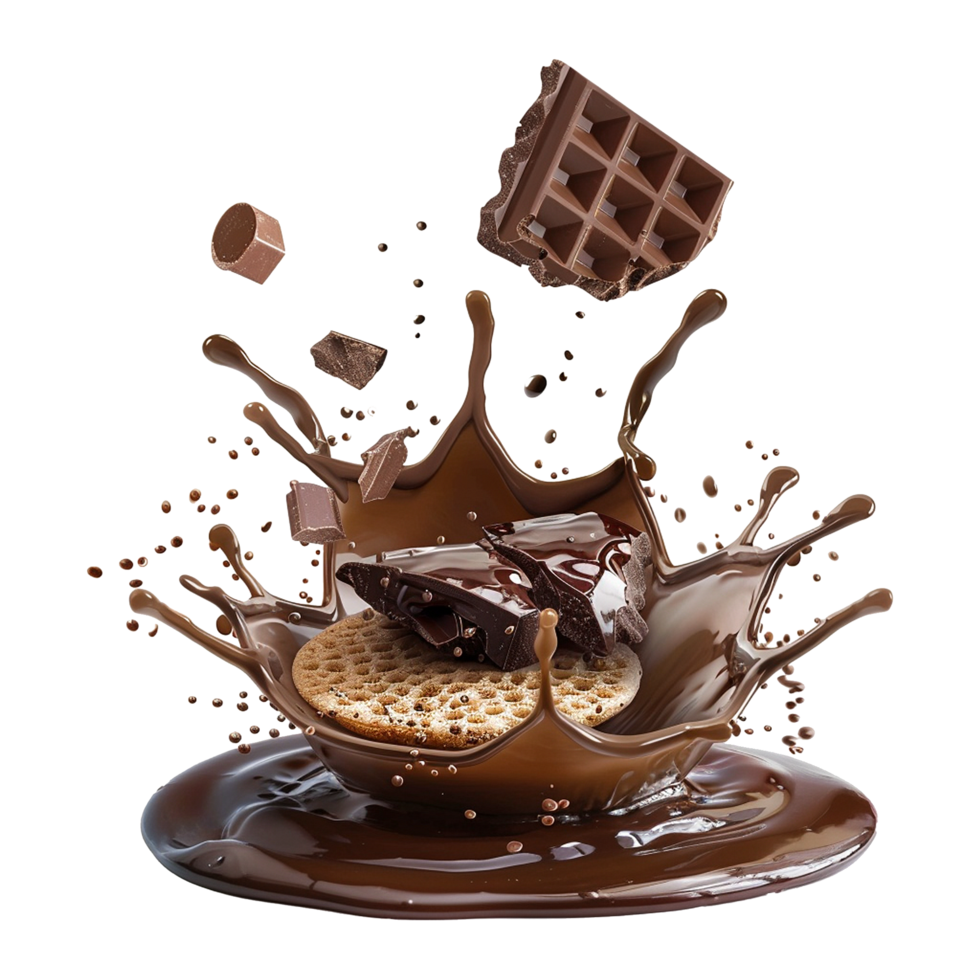 Chocolate wafer with chocolates splashes isolated on transparent background png