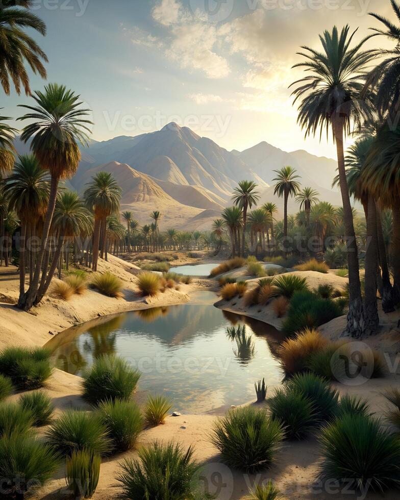 A desert oasis surrounded by palm trees and mountains in the distance. photo