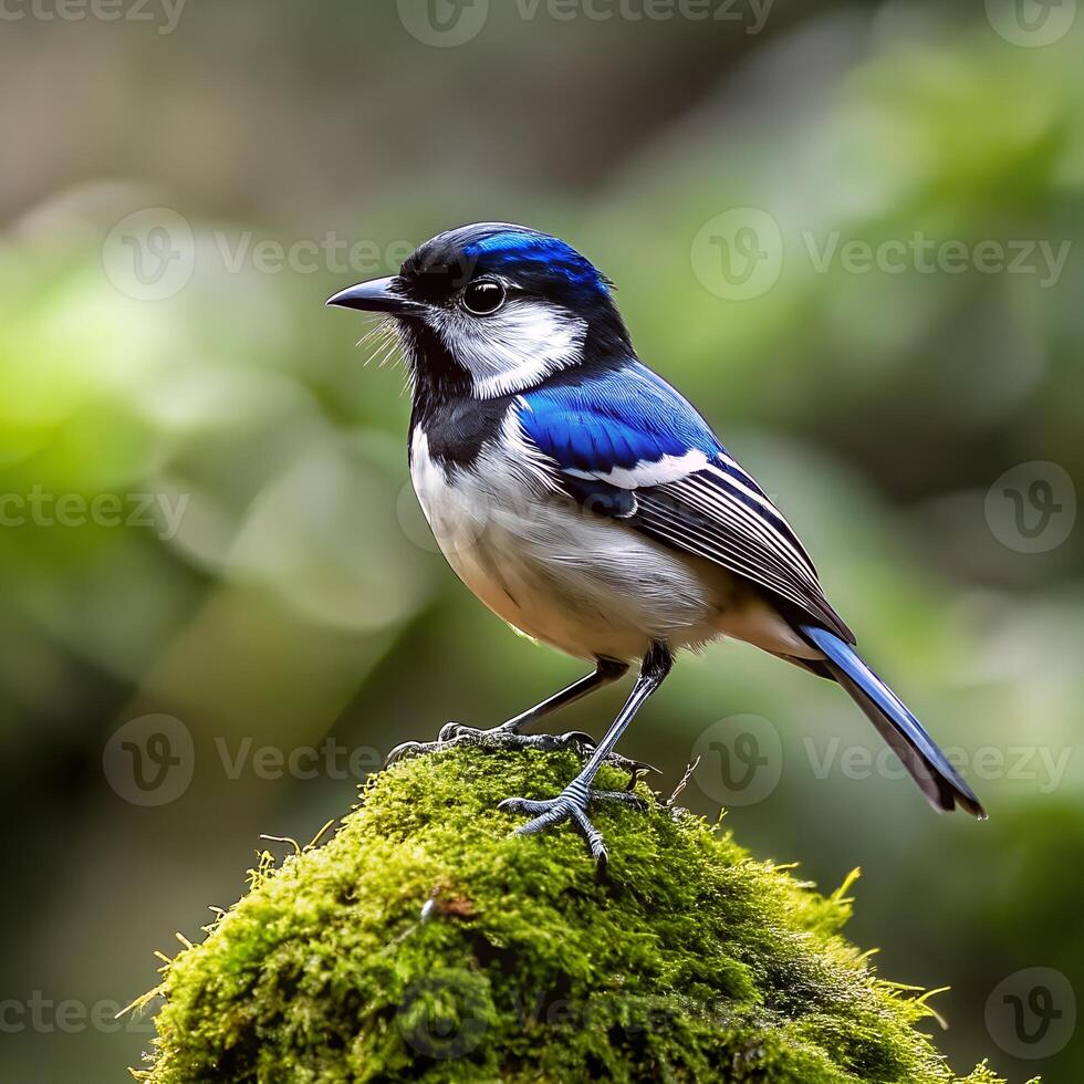 A small blue and white bird perched on a mossy rock. photo