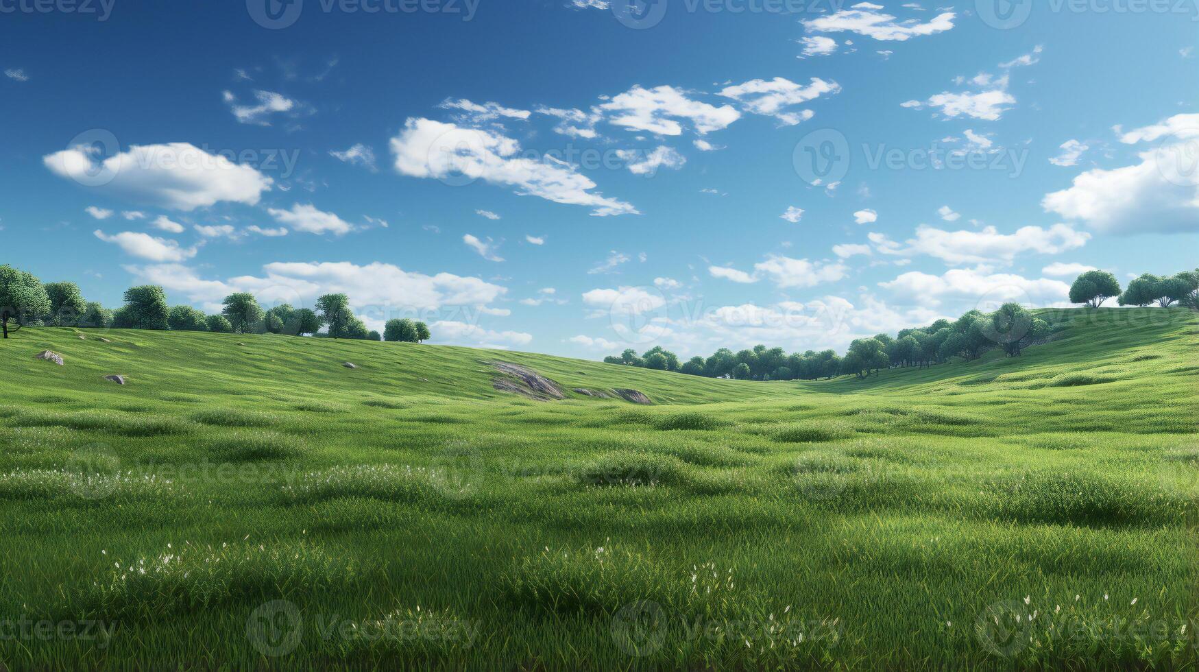 a grassy field with trees and sky photo