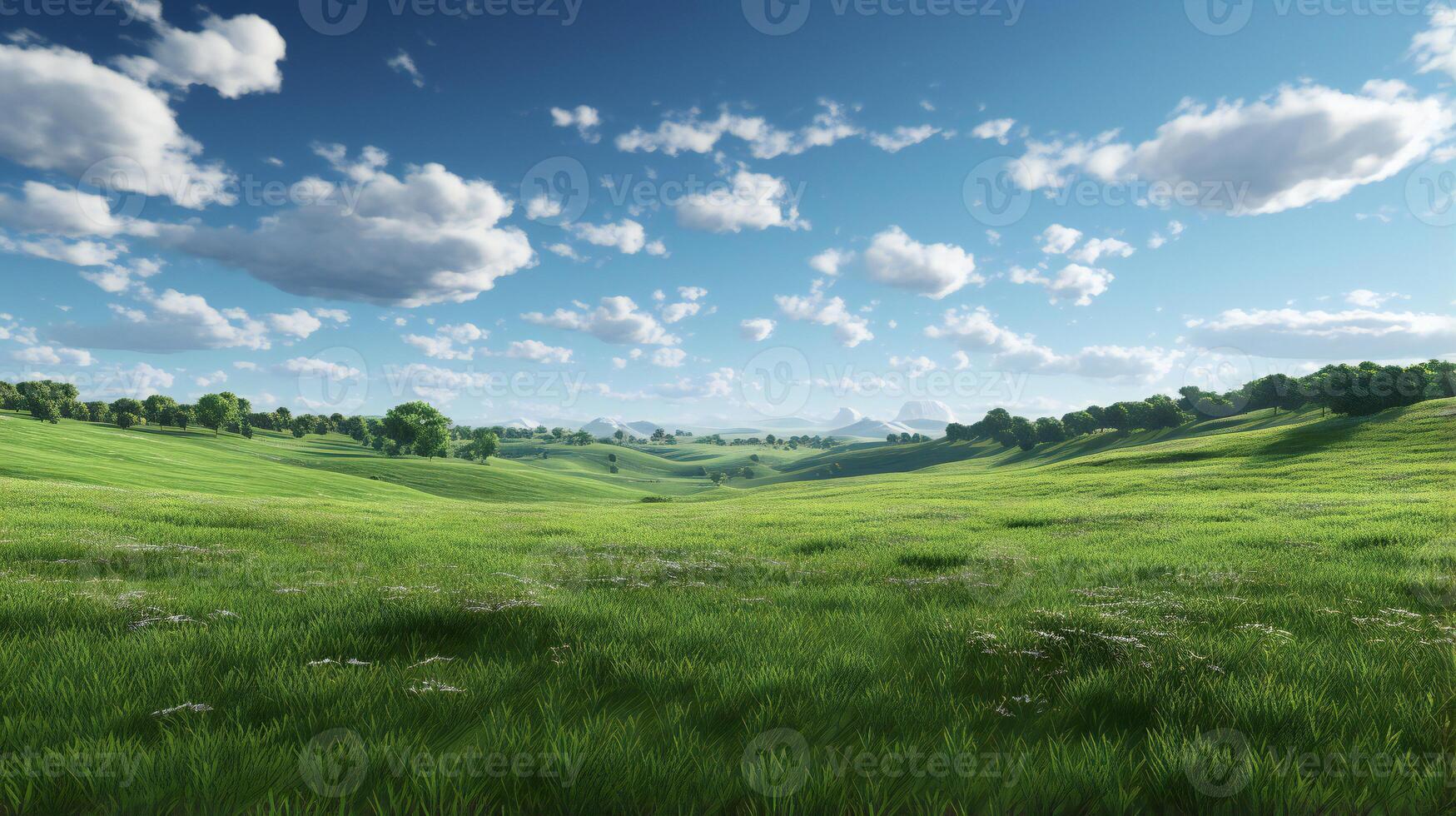 a green field with trees and clouds photo