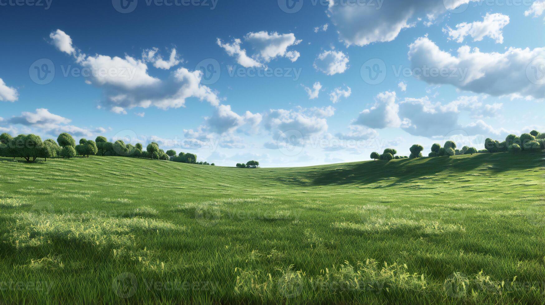 a grassy field with trees and clouds photo