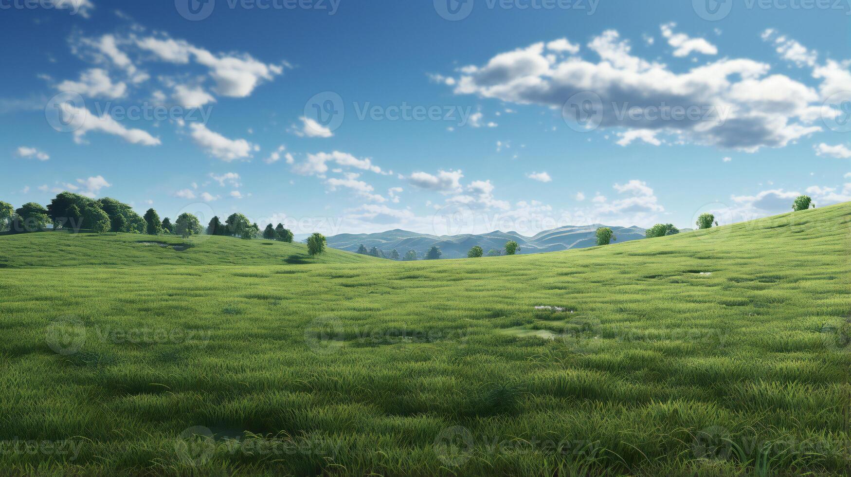 a grassy field with trees and hills in the background photo