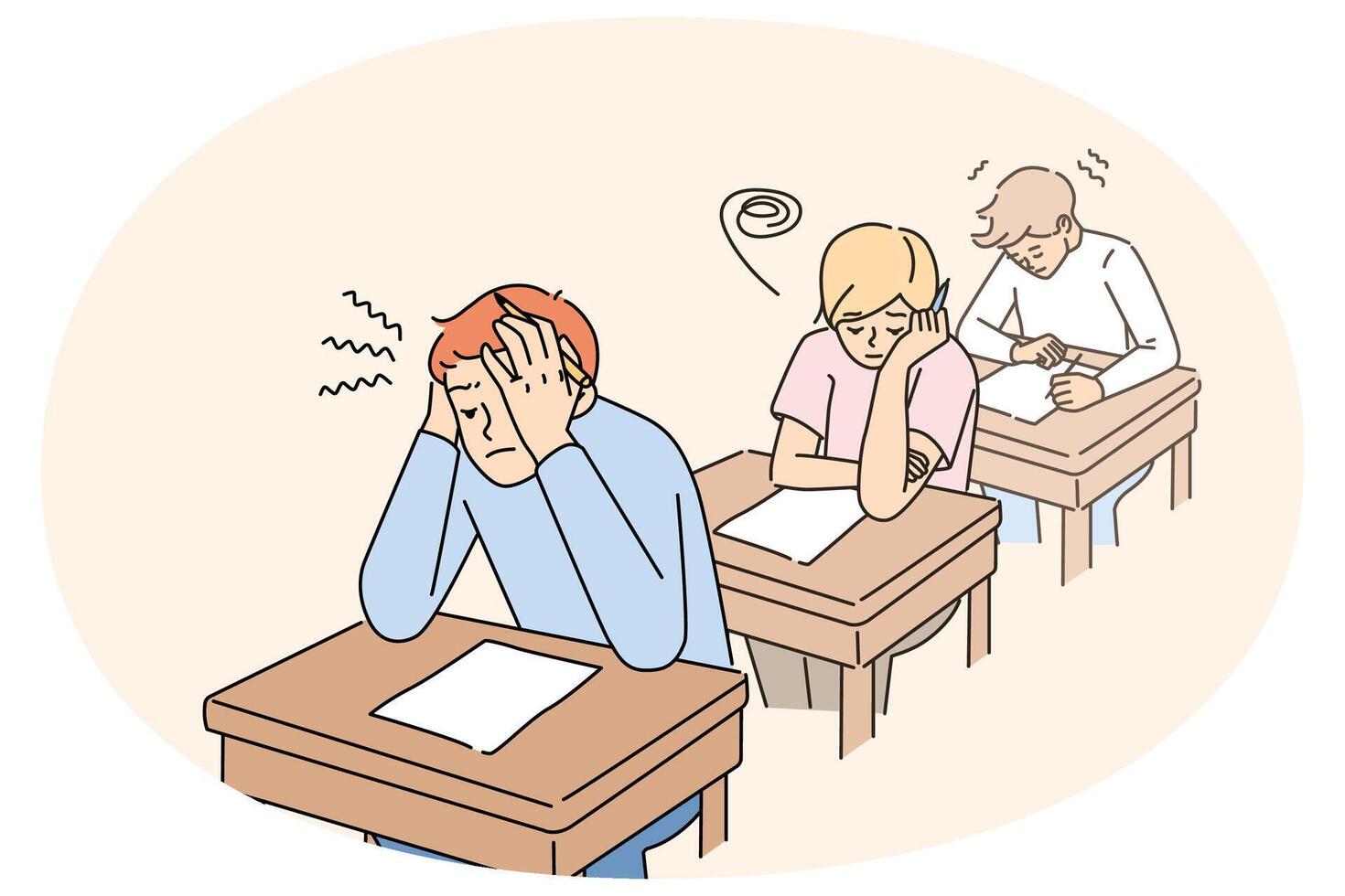 Anxious students write test in classroom vector