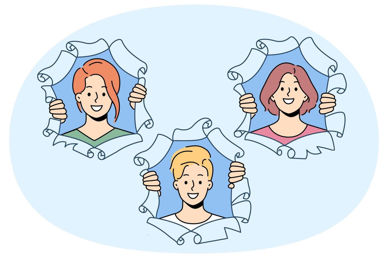 Smiling people look out of paper holes vector