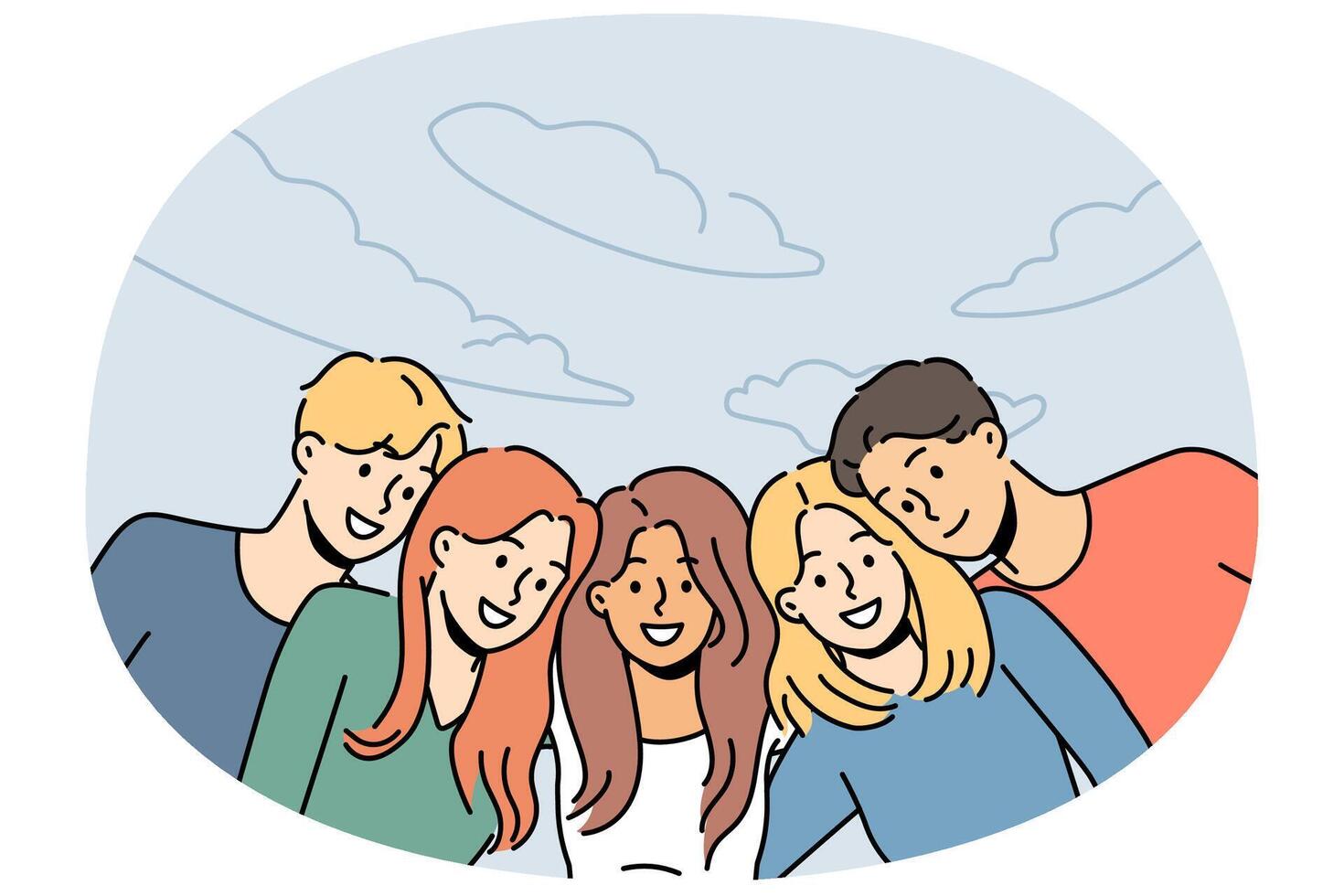 Smiling people posing together in park vector