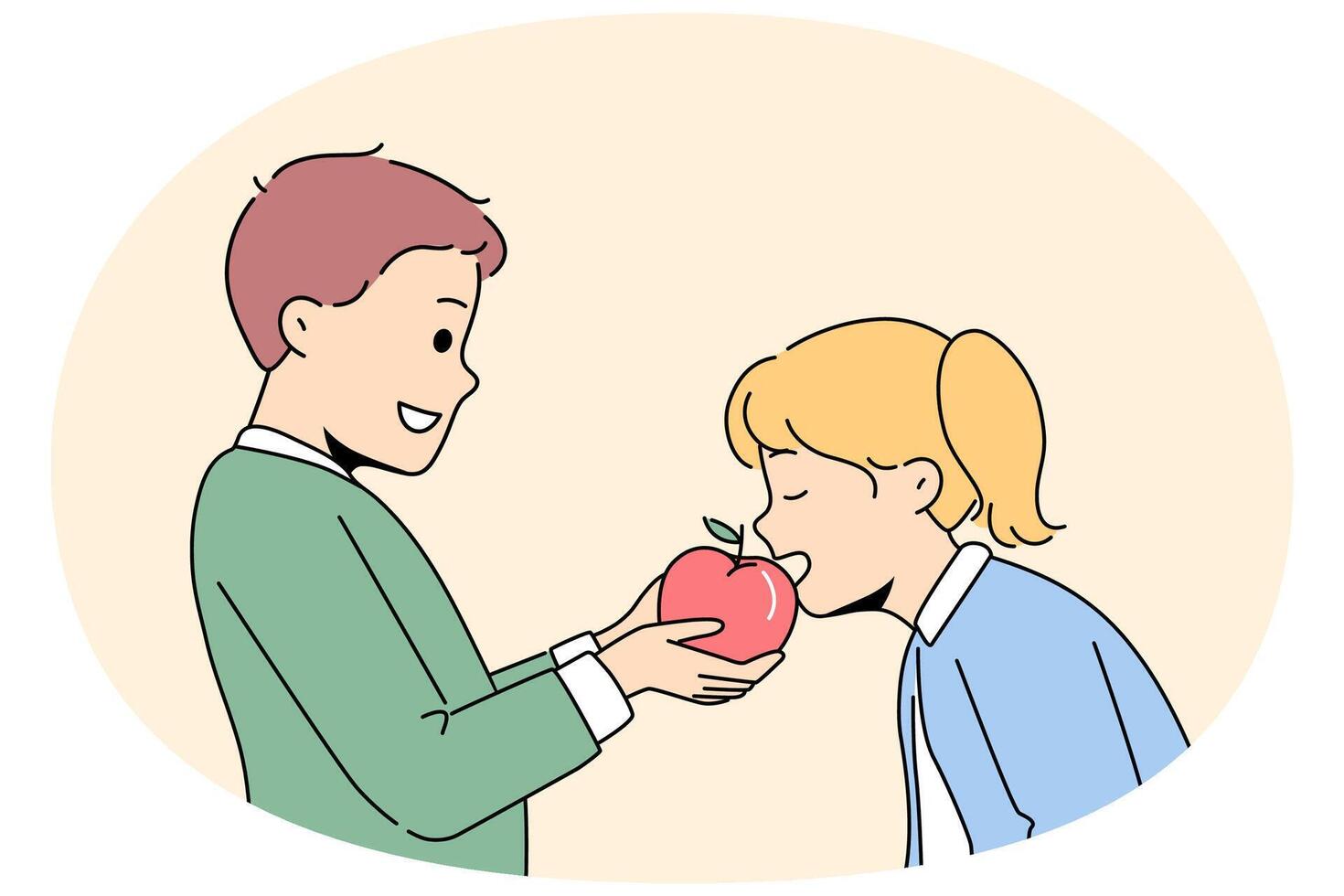 Smiling children share apple vector