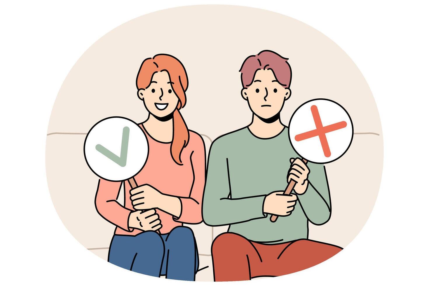 Couple sitting on couch showing yes and no signs vector