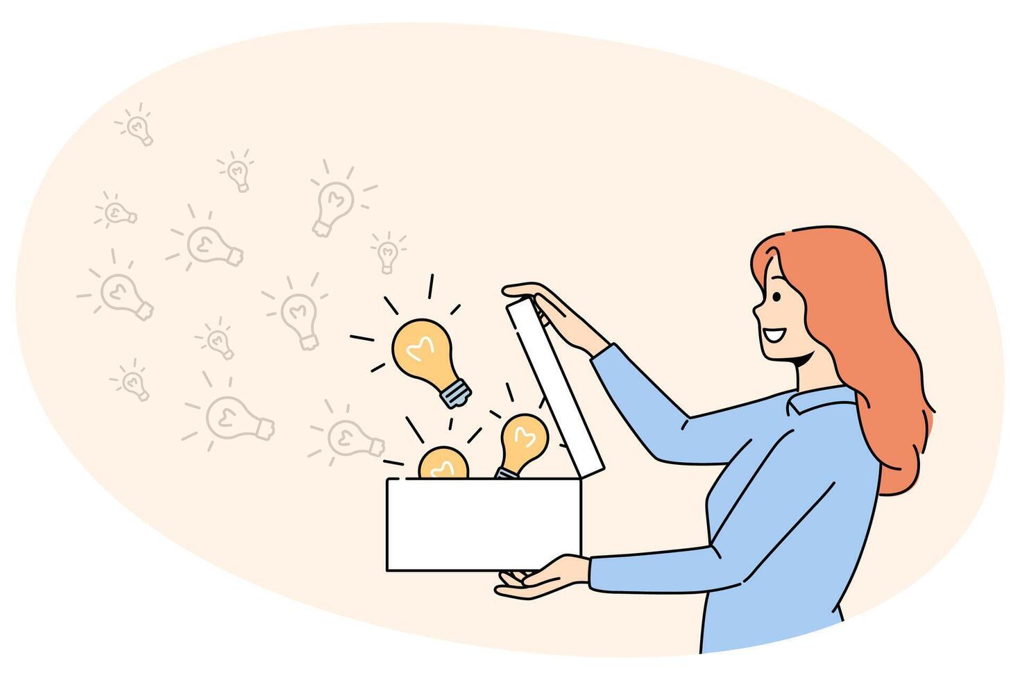 Smiling woman open box full of lightbulbs vector