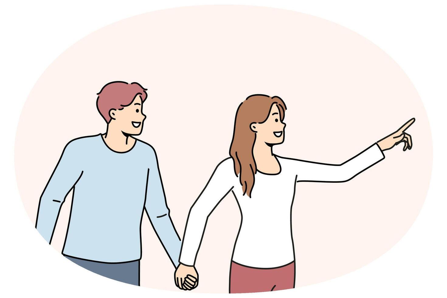 Smiling woman holding man by hand pointing forward vector