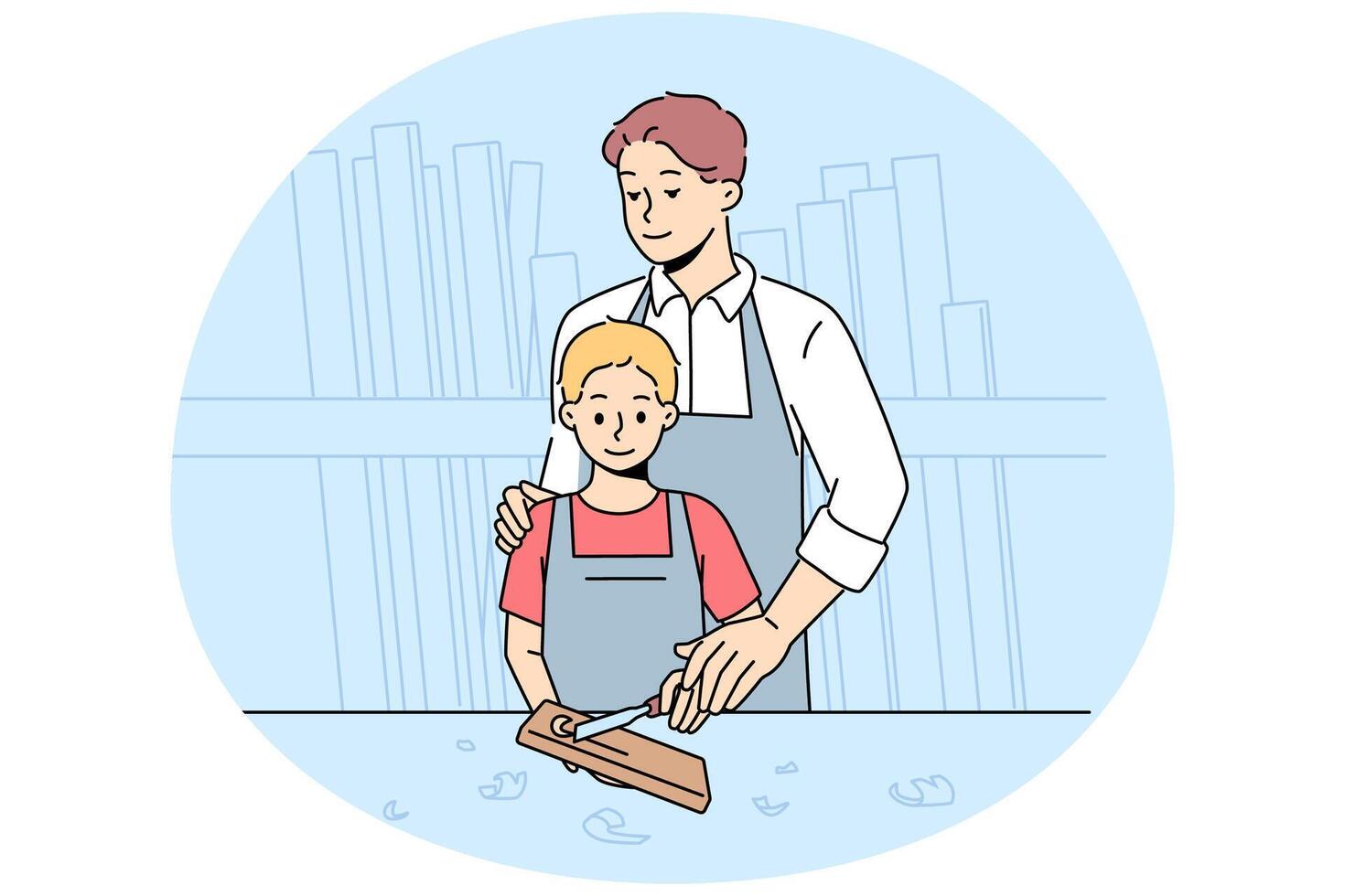 Caring father teach son carpentry vector