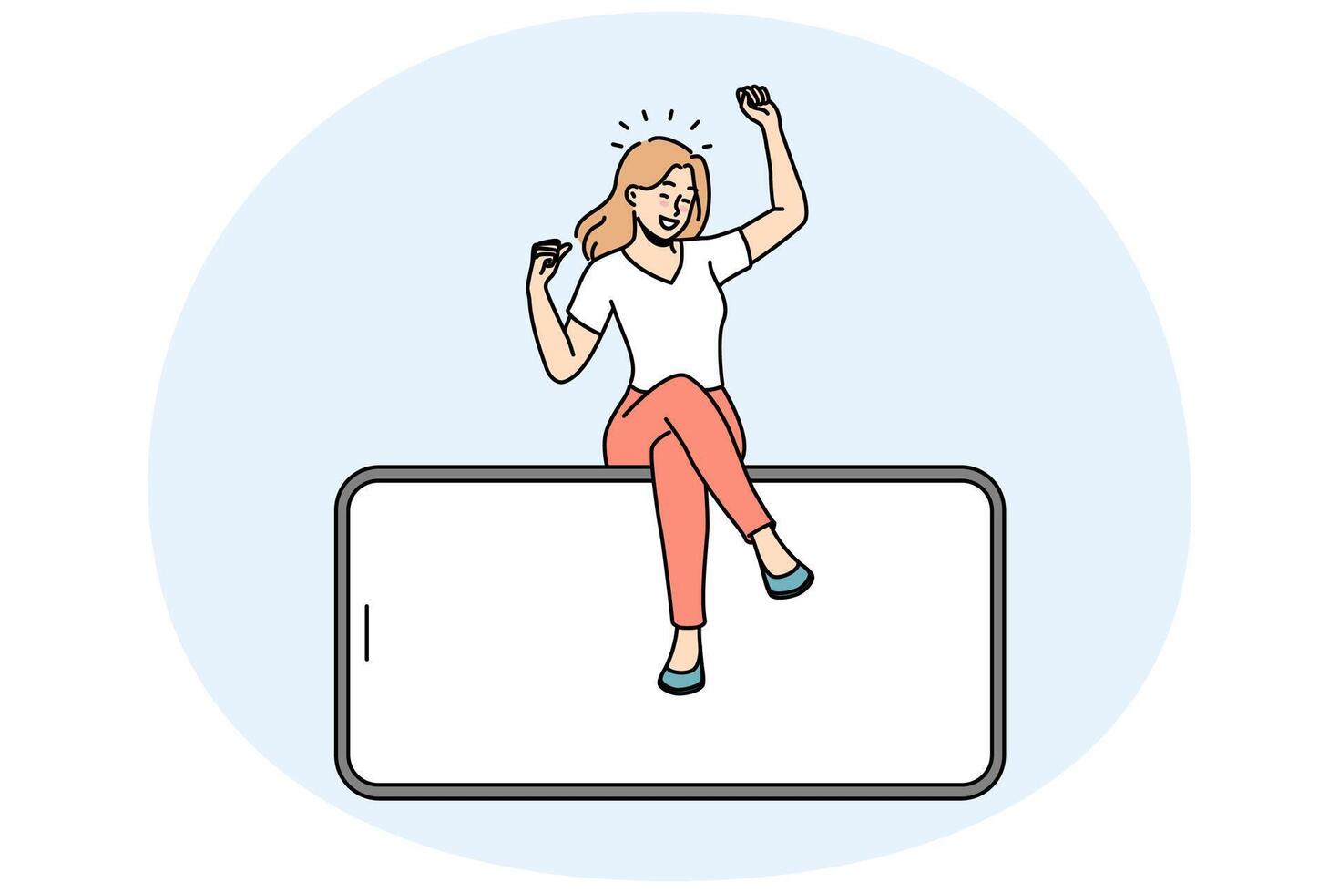 Smiling woman sit on mobile with mockup screen vector