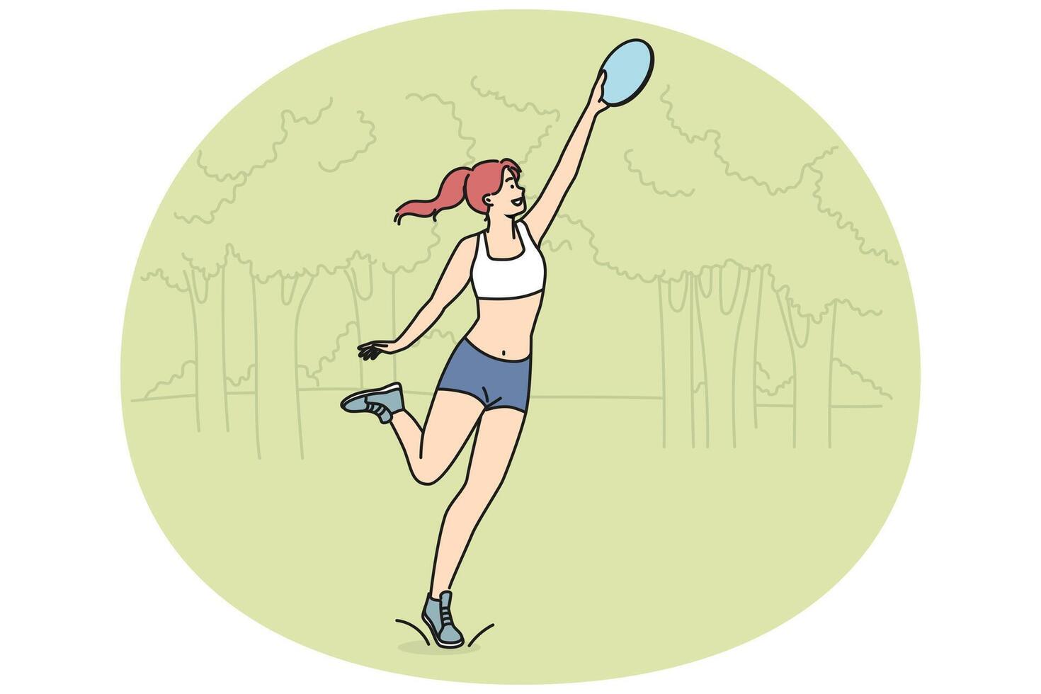 Smiling girl play with frisbee in park vector