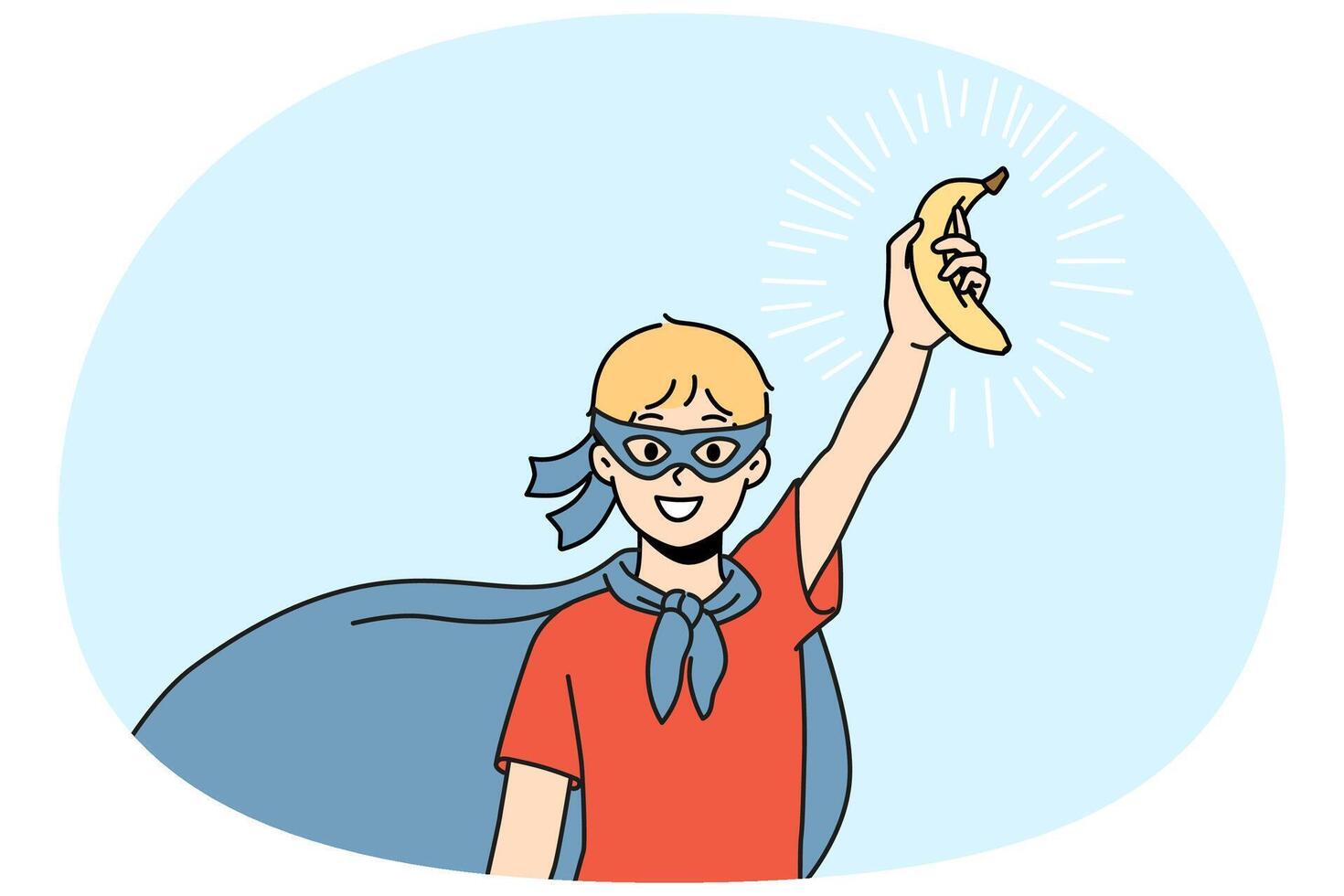 Smiling boy child in superhero costume with banana in hand vector