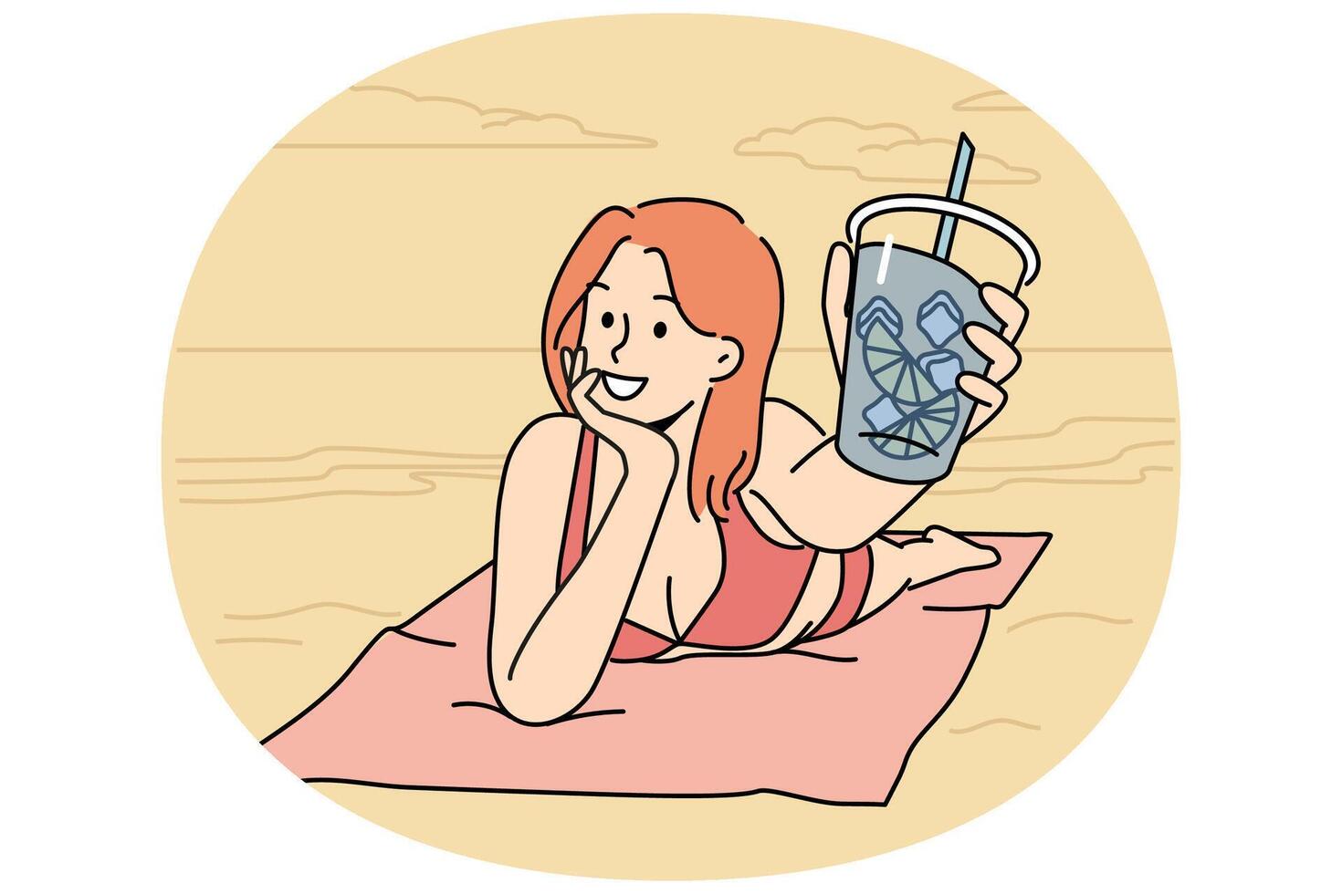 Smiling woman in bikini lying on beach vector