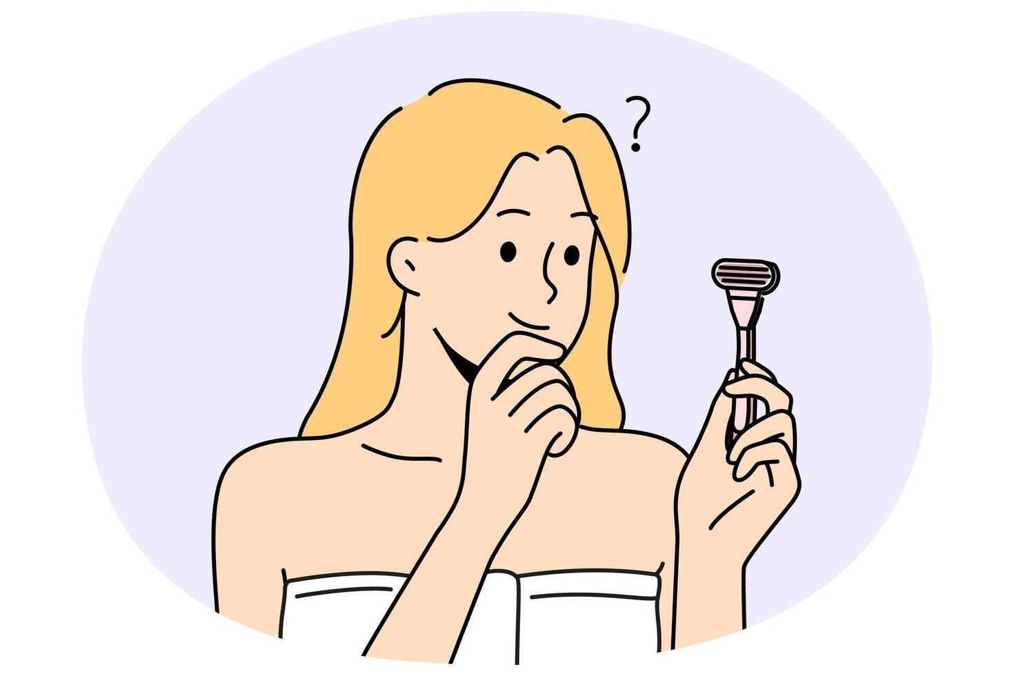 Confused woman with razor in hands think of shaving vector