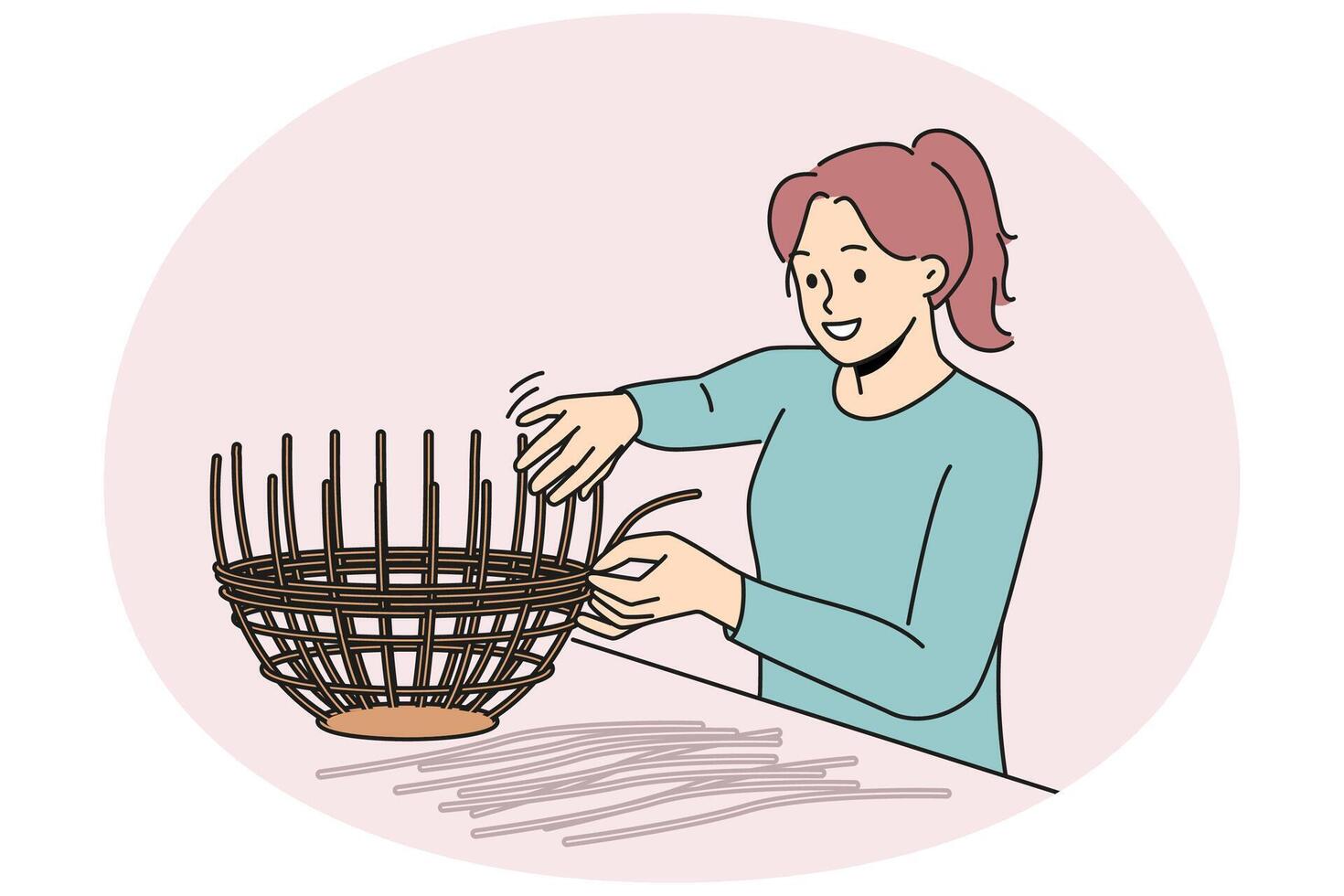 Smiling woman weaving basket from wicker vector