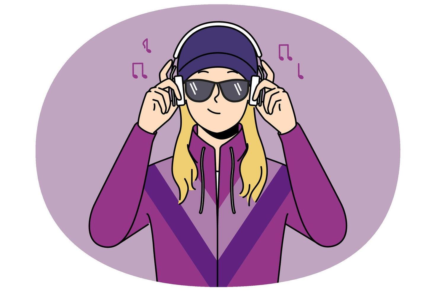 Girl in retro clothes listen to music in headphones vector