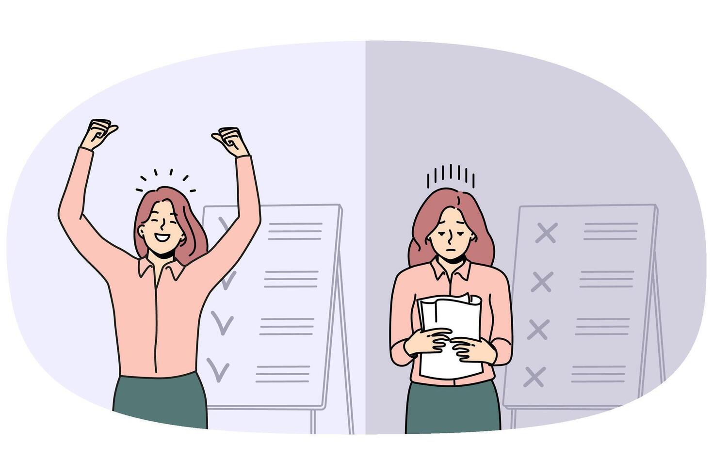Comparison of woman with unfinished and finished tasks vector
