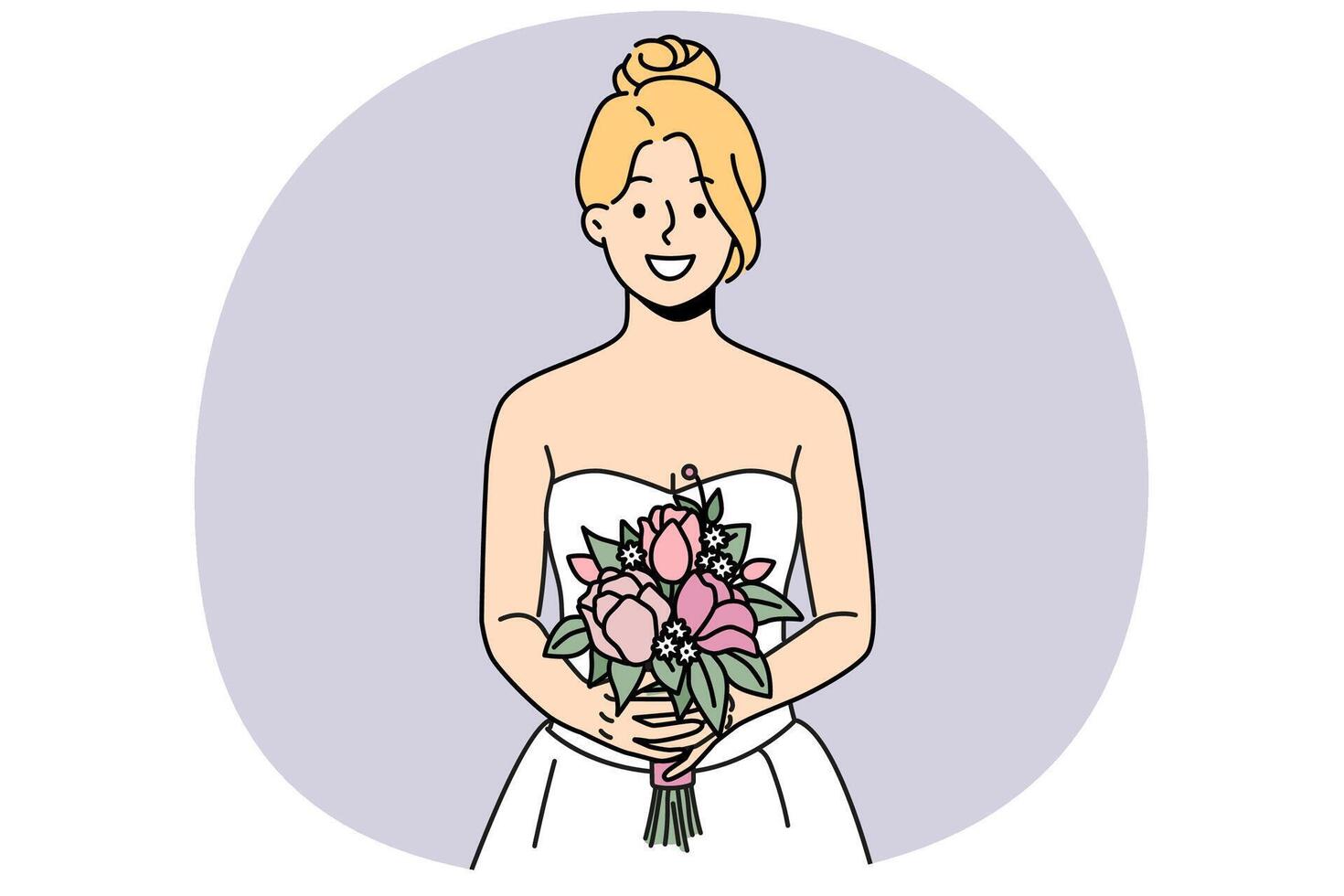 Smiling woman in wedding dress and bridal bouquet vector