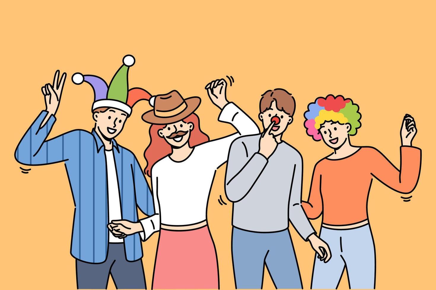 Group of friends participating in masquerade, dancing and enjoying festive party vector