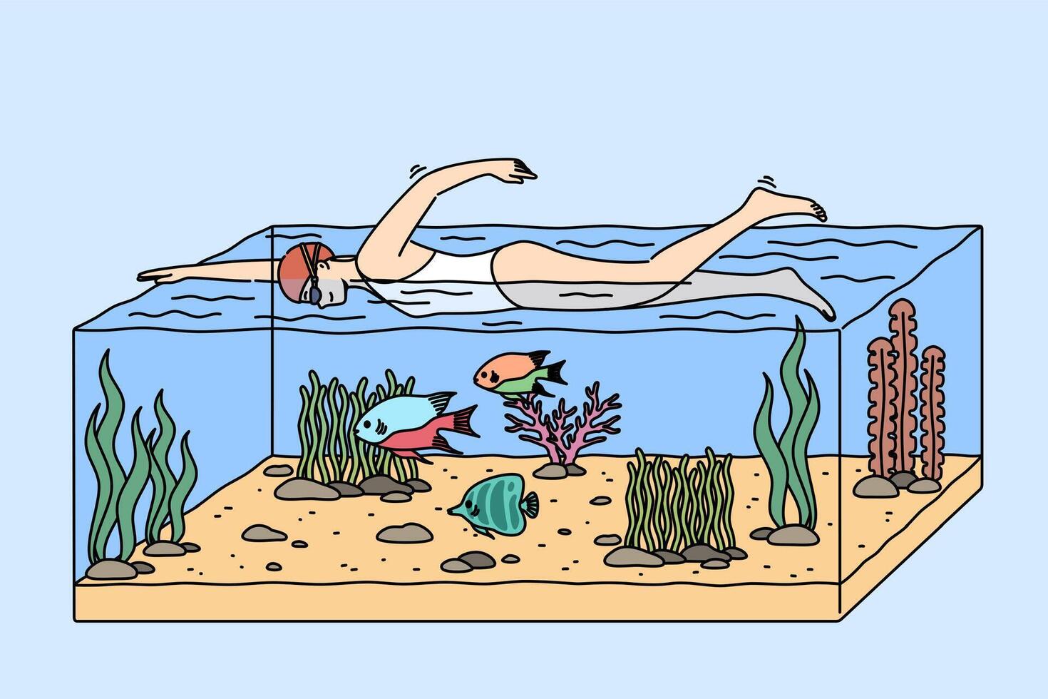 Man swims in tropical sea and dives in large aquarium with fish and underwater plants vector