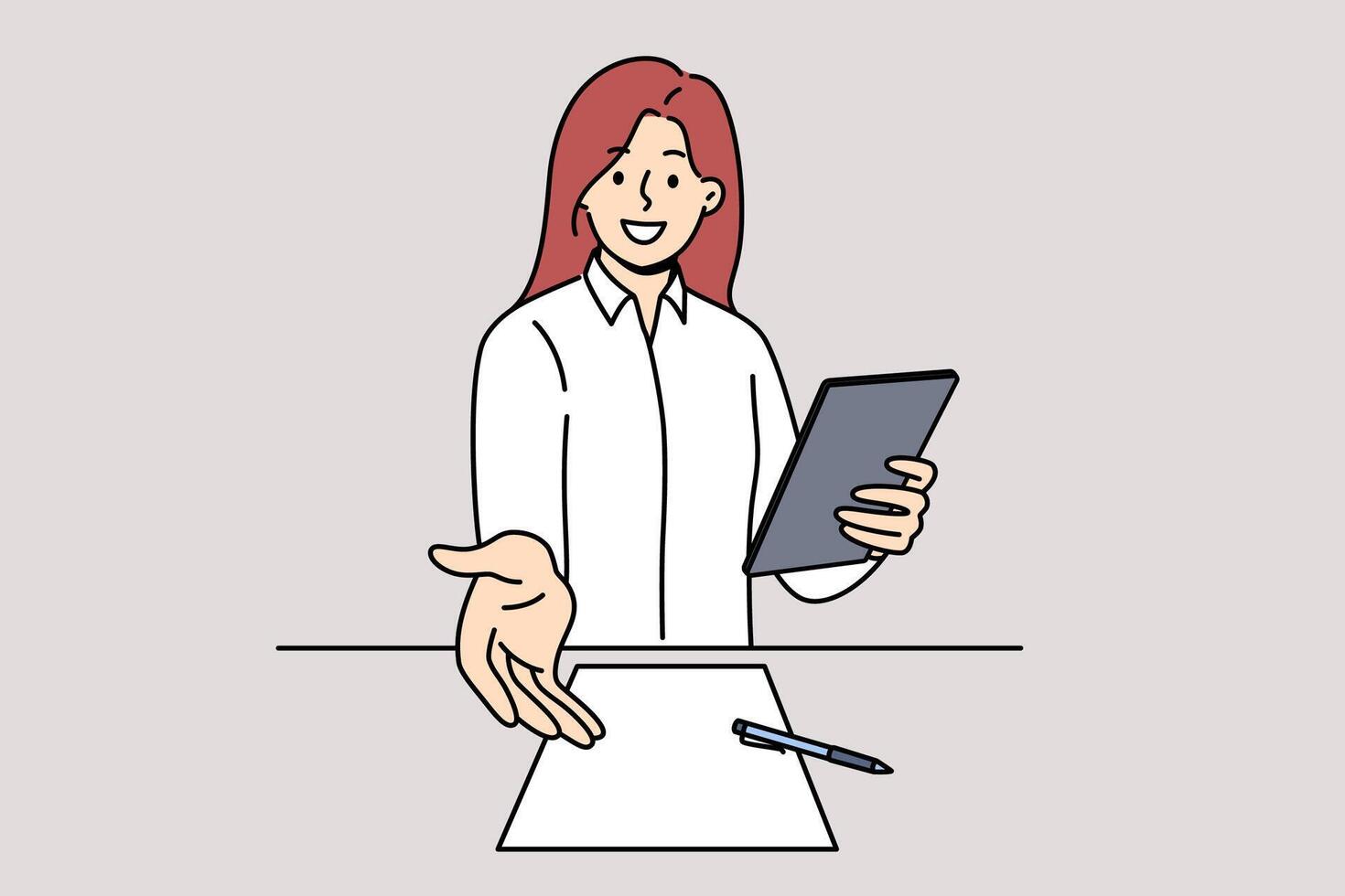 Woman recruiter welcomes new applicant to interview, extending hand to screen standing near table vector