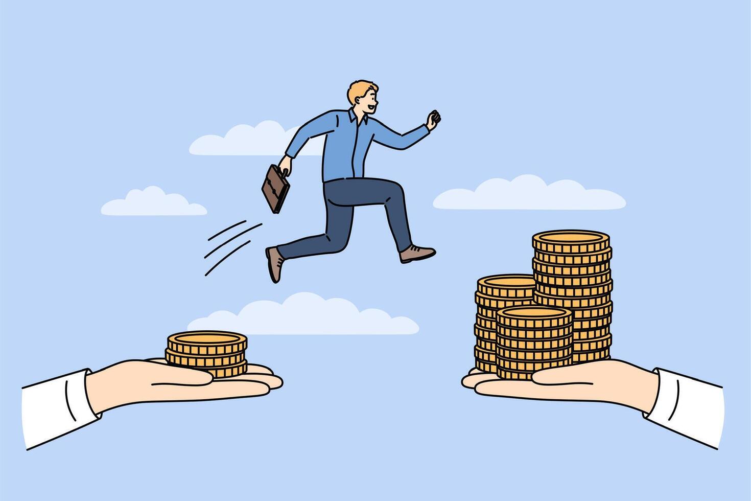Business challenge for man who wants to earn more and jumps between hands with money vector
