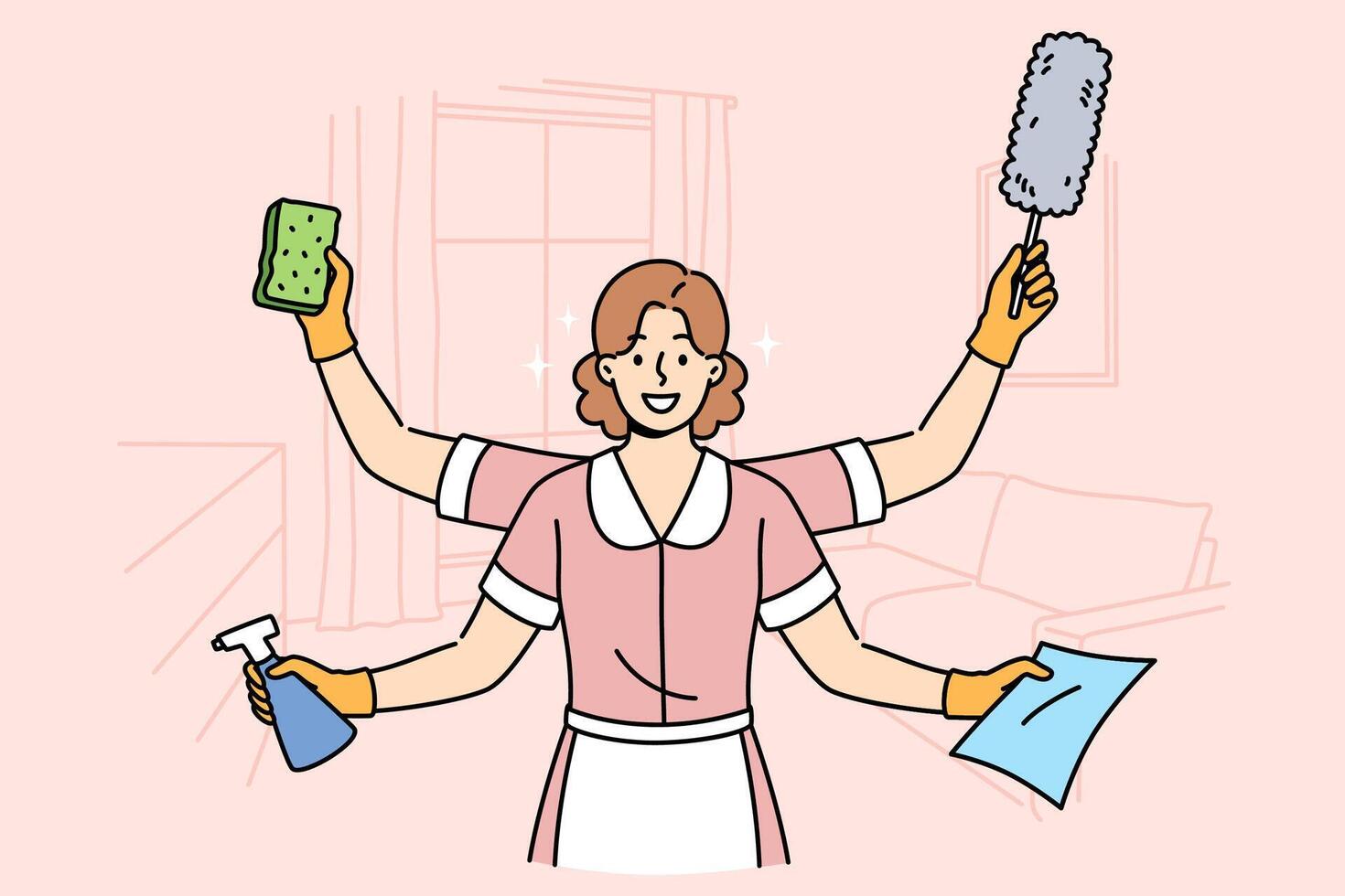 Woman maid is ready to clean apartment, working in multitasking mode thanks to presence four hands vector