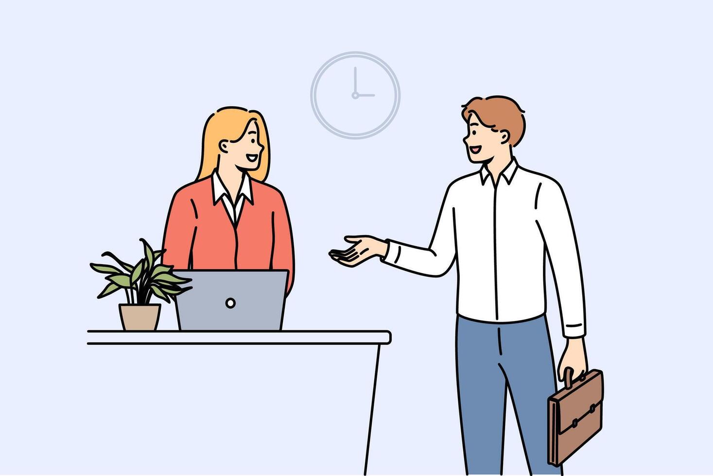 Man rents hotel room while talking to administrator standing near reception desk with laptop vector