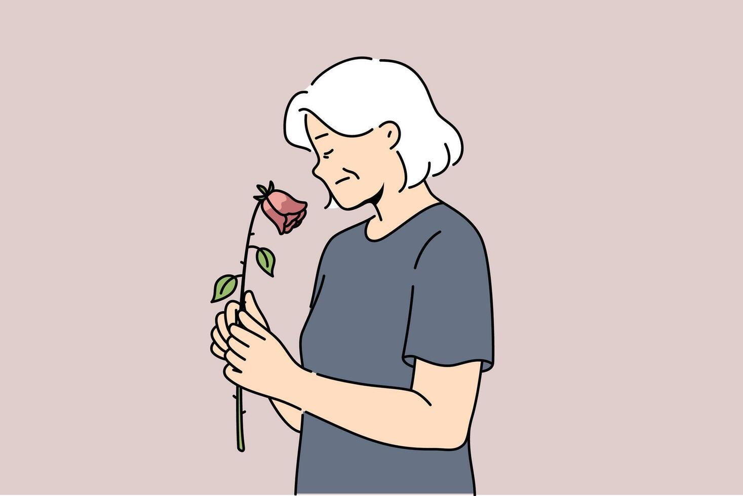 Elderly woman feels fading and weakening of health or approach of death, holds withered rose in hand vector