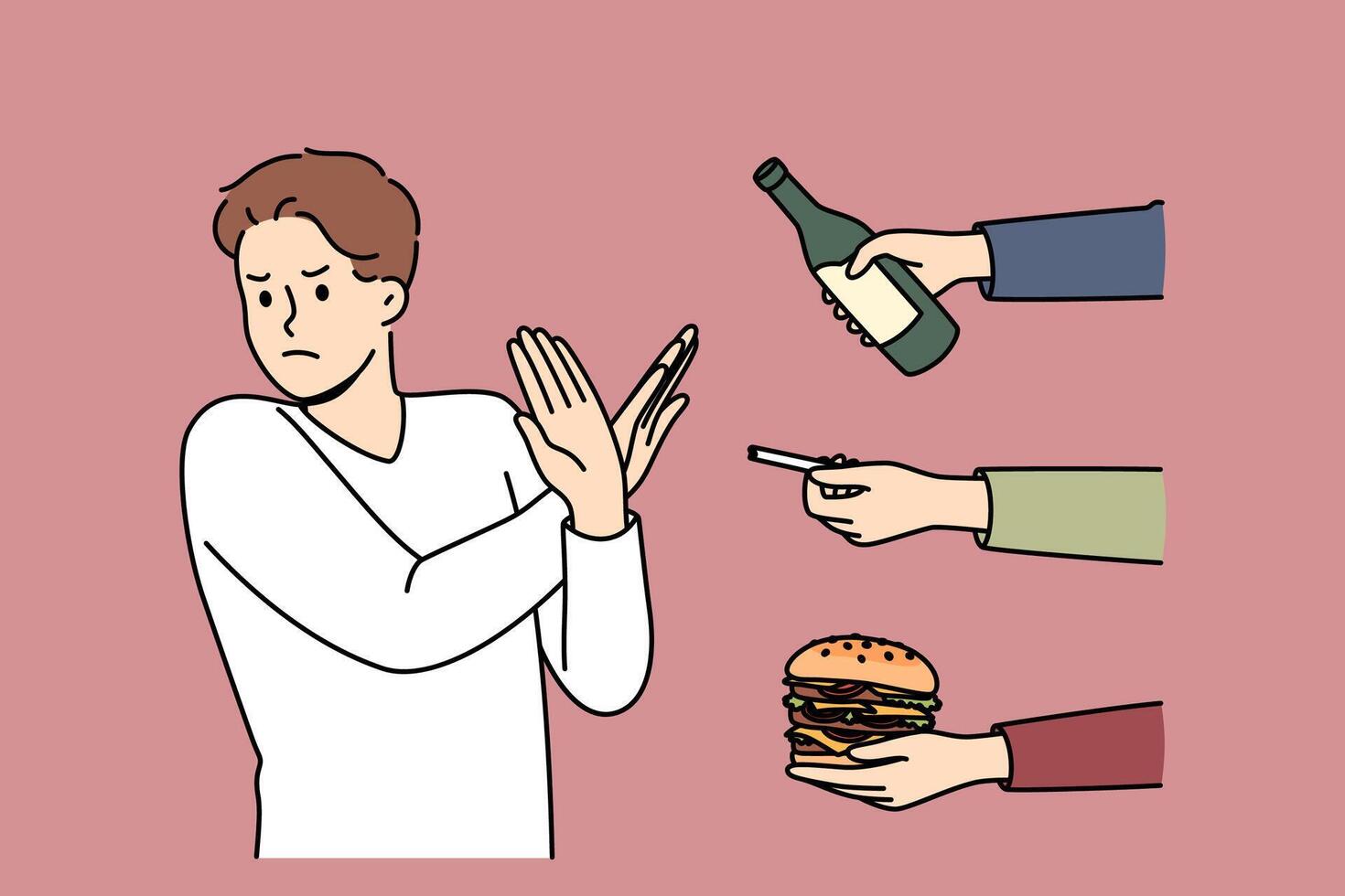 Man gives up bad habits, making forbidden gesture near hands with alcohol and cigarettes or fastfood vector