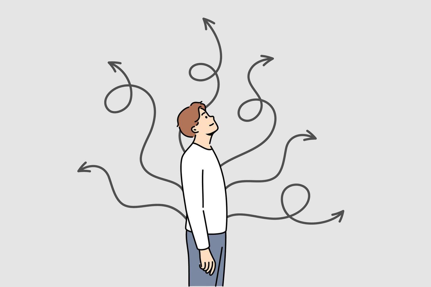 Man chooses way to solve situation, standing near arrows pointing in different directions vector