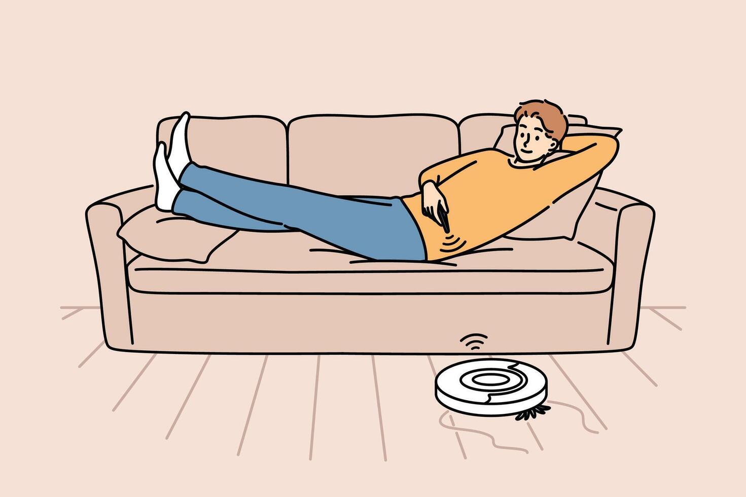 Robot vacuum cleaner is controlled using remote control, cleaning room with guy lying on sofa vector