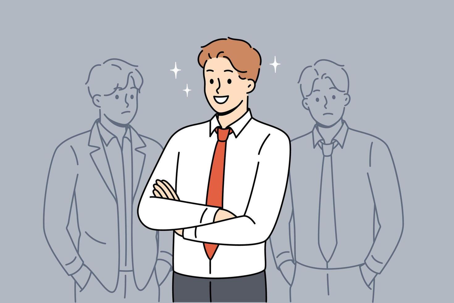 Successful business man stands with arms crossed near unsuccessful and sad opponents vector