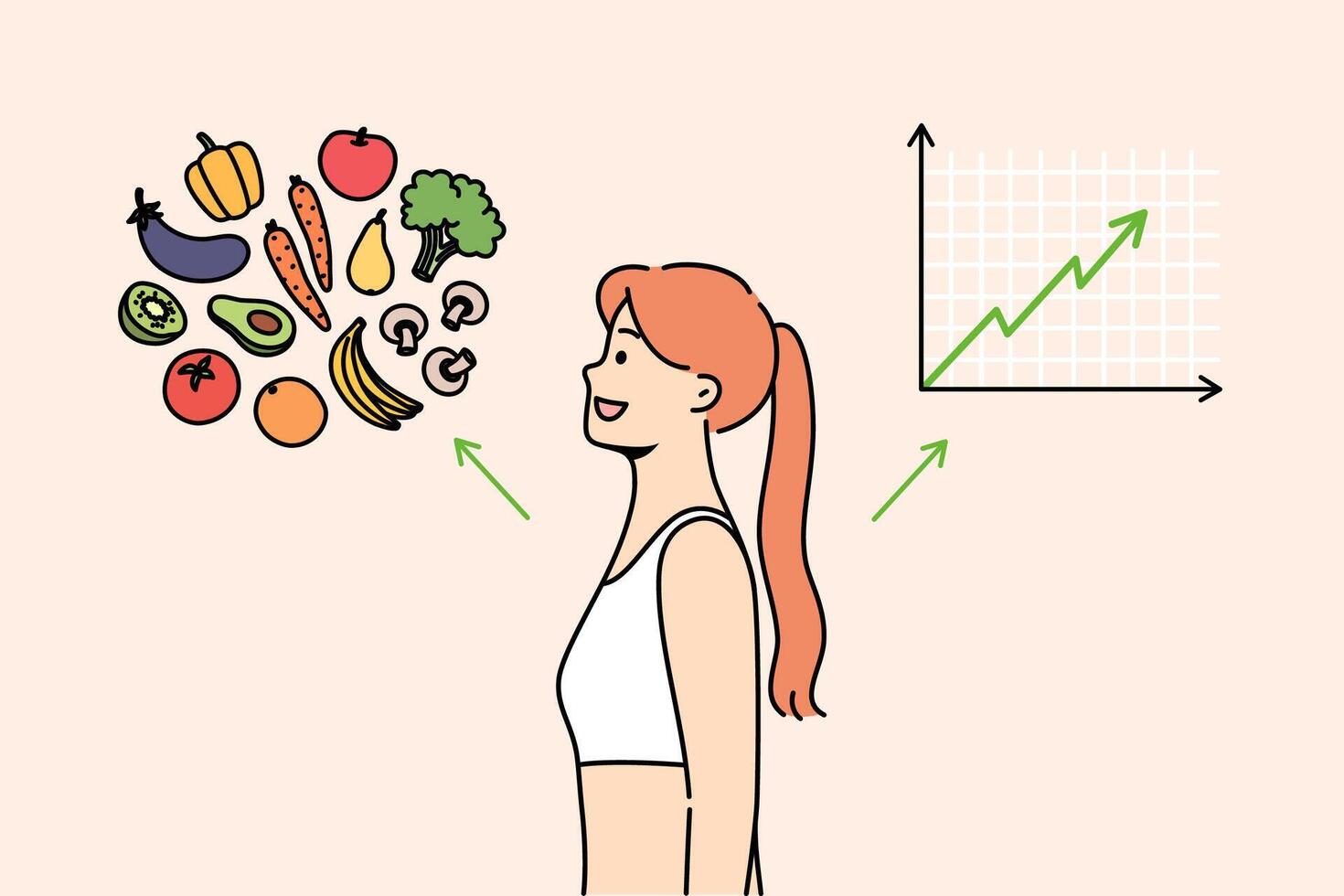 Woman switched to balanced diet feels improved immunity, stands near vegetables and increasing graph vector