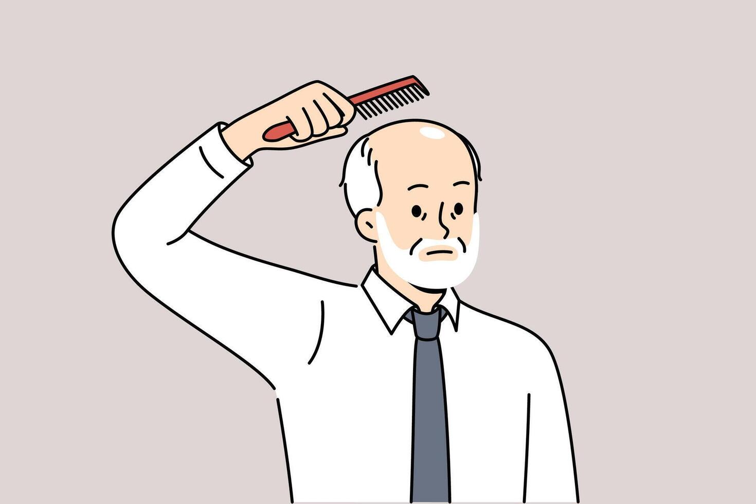 Elderly sad balding man holds comb over head, upset about his loss due to old age vector