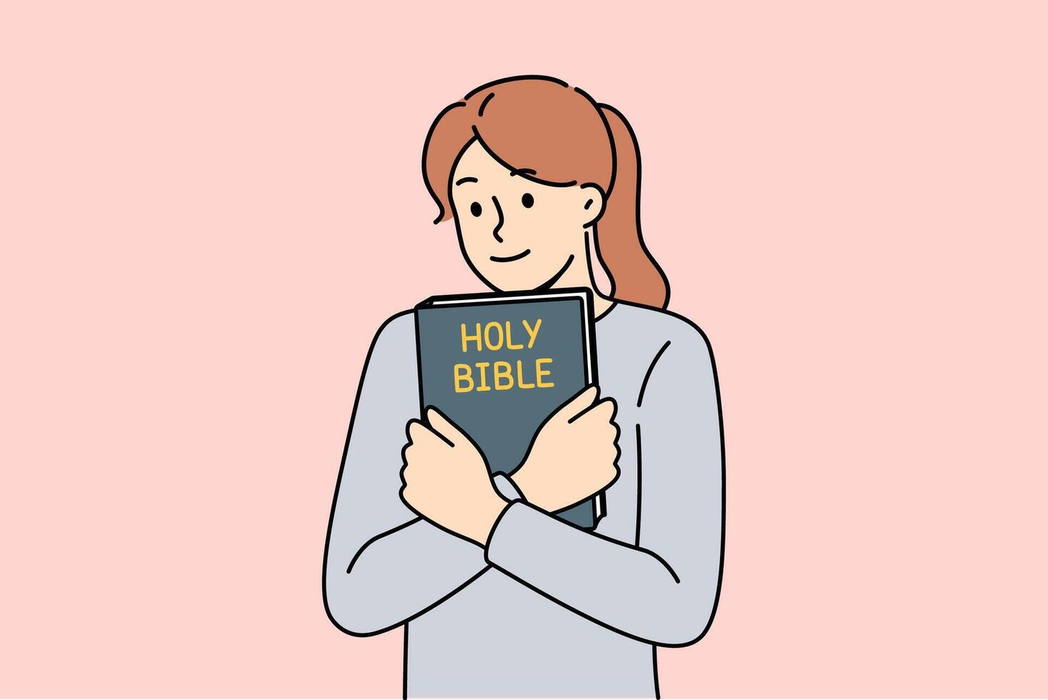 Believing woman embraces bible and feels enlightened after reading religious christian book vector