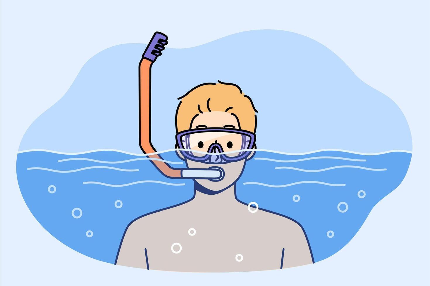 Man swims in pool with goggles and snorkel for breathing underwater during summer holiday at resort vector