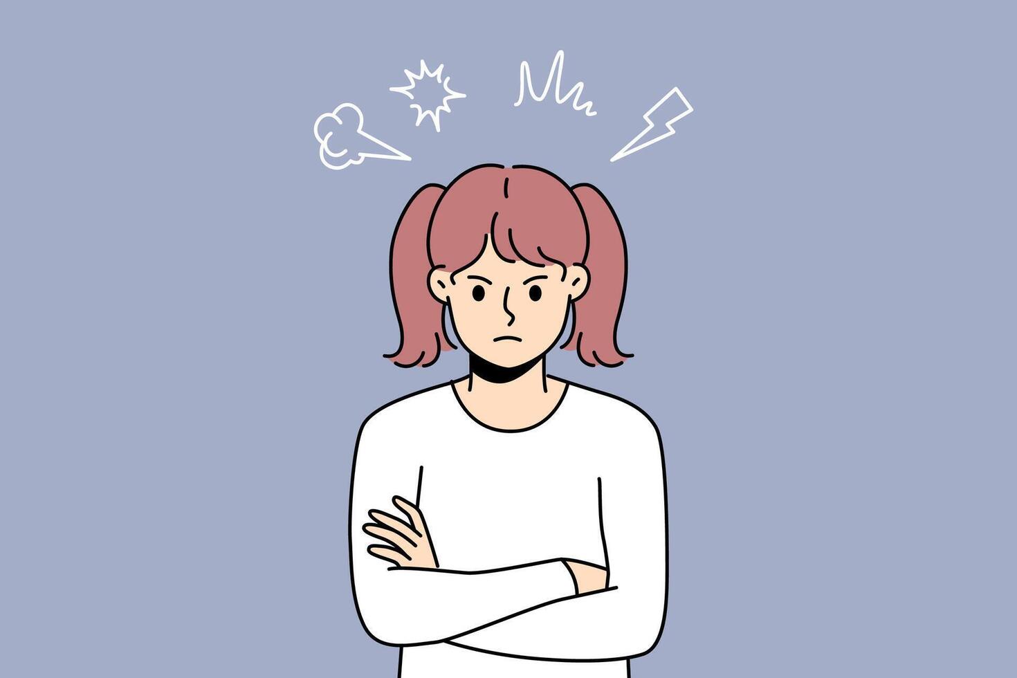 Angry little girl stands with arms crossed and looks at screen with hatred, showing disobedience vector