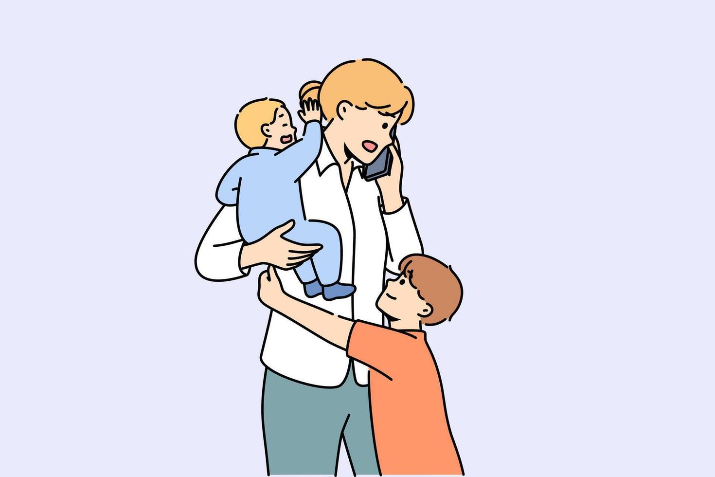 Mother makes business call and babysits children at same time, needing to hire nanny vector