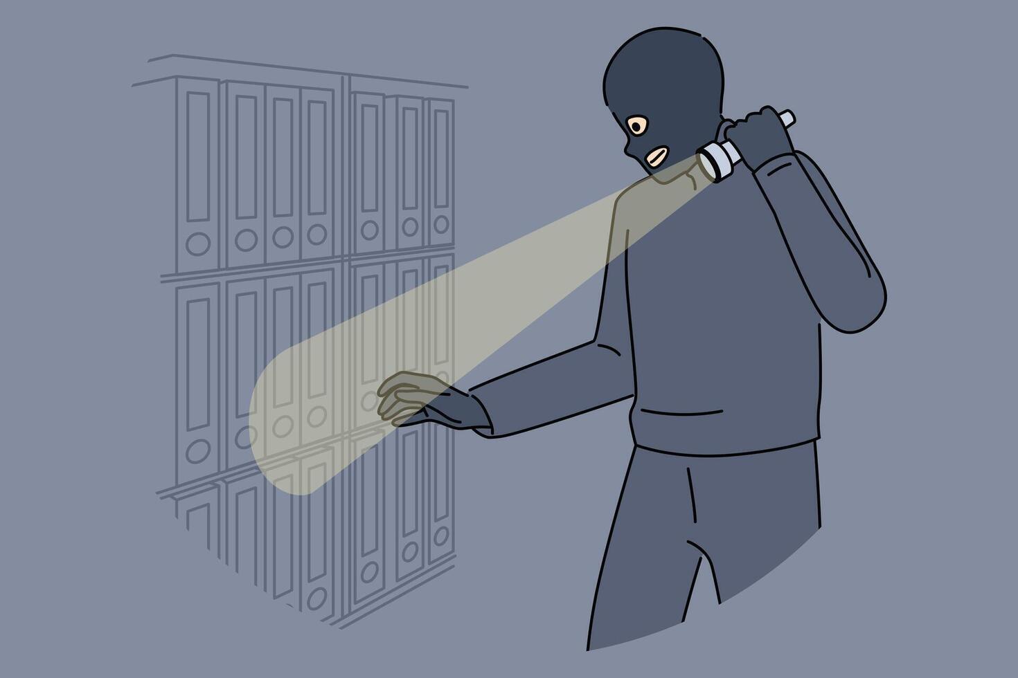 Spy steals documents and confidential data from office using flashlight and wearing mask vector