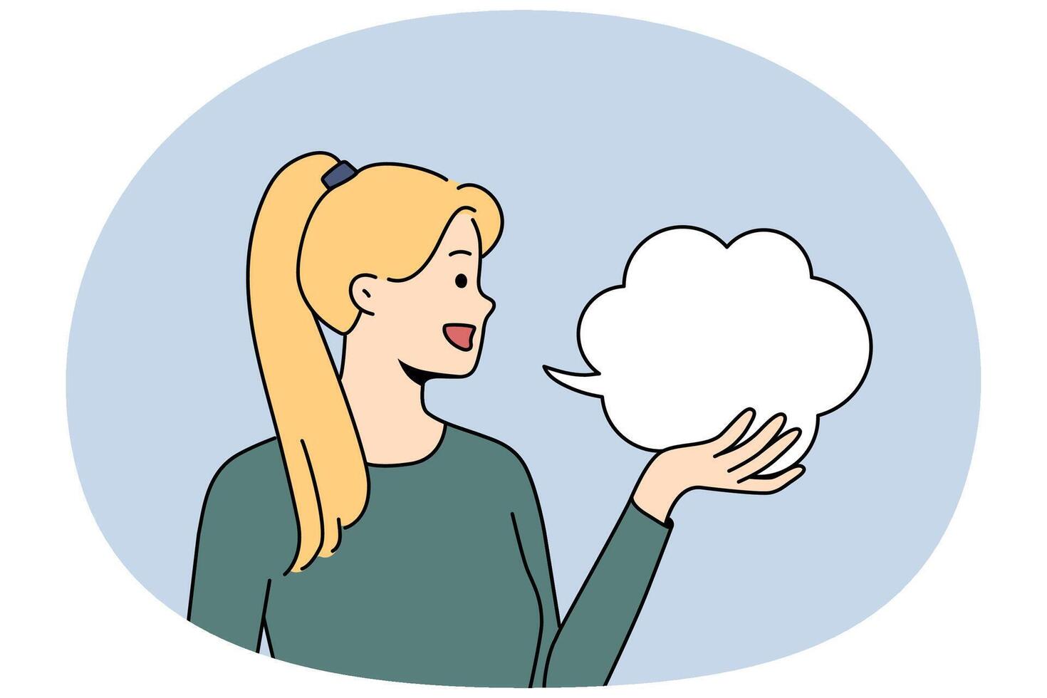 Smiling girl hold speech bubble vector